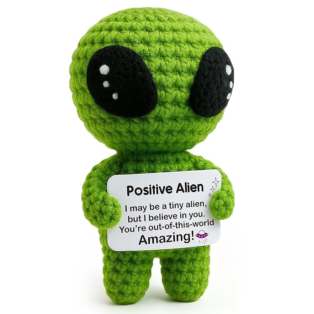 Alien Plush, Positive Alien Figures， Handmade Emotional Support Crochet Positive Alien with Inspirational Cards, Positive Crochet Graduation Gift 2026 Good Luck, Easter Birthday Gift-green
