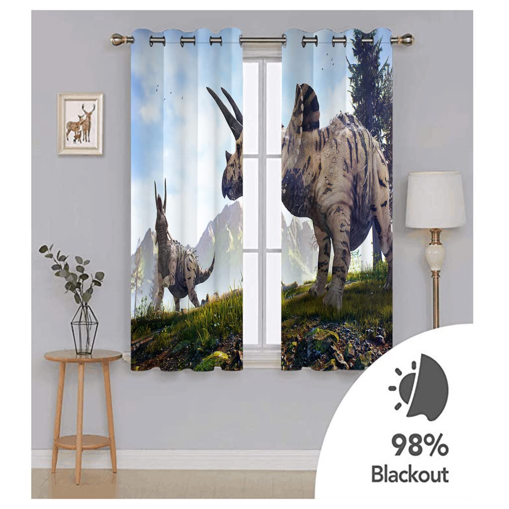 Rideaux Salon Voilage Occultant Thermiques 3D Motifs Animaux Dinosaures Rideau Salon Design Moderne Chambre Enfant Bebe Fille 280x260Cm Polyester Fenetres Occultants Isolant Lot De 2