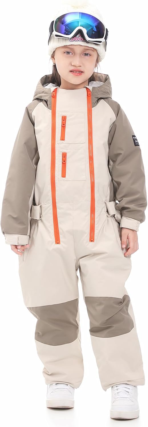 Kids Girls Boys One Piece Snowsuits Ski Suits High Collar Hood Double Zipper Jumpsuits Winter Waterproof Jackets