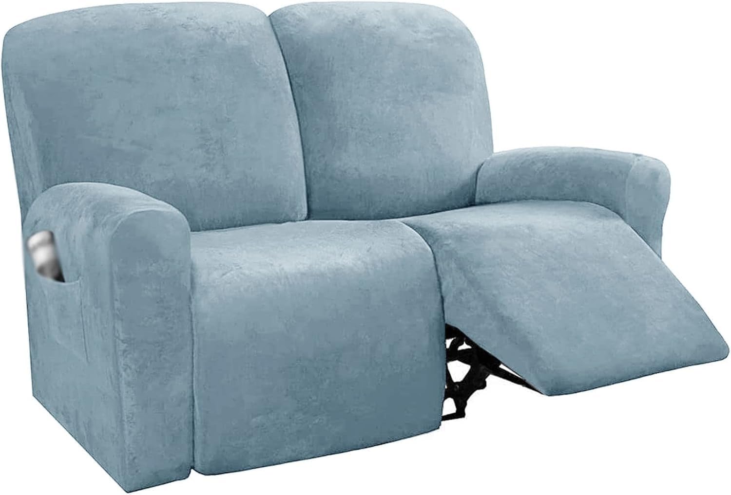 Velvet Plush Couch Cover for Recliner with Pockets 1/2/3 Seat Stretch Sofa Slipcover Featuring Plush Soft & Comfortable Fabric, SlipResistant, Form Fit Stretch Furniture Protector(Light Blue,2-seater)