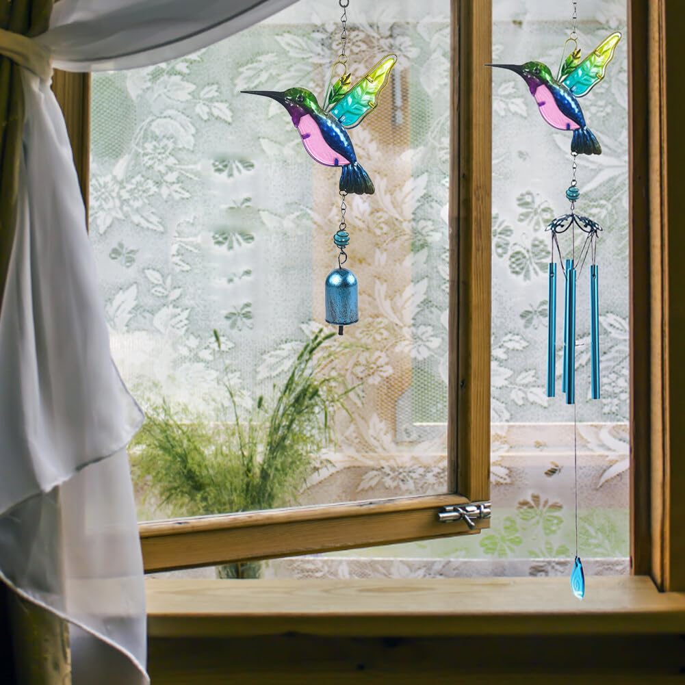 Campana A Vento Con Colibrì In Metallo E Vetro Colorato - Decorazione Da Giardino Esterna Con Suono Rilassante, Regalo Originale