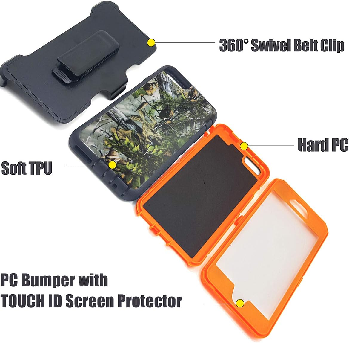 iPhone 6s Phone Case with Screen Protector,iPhone 6 Case with Belt Clip,Vodico Heavy Duty Defender Camo Silicone Protective Cover+Hard Bumper Shockproof Stand Holster Cases for Men/Women (F Orange)