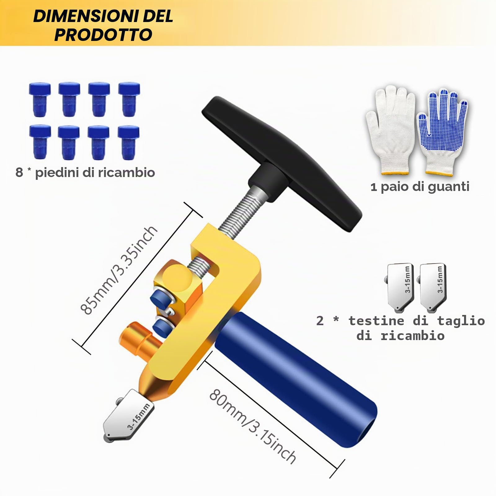 Tagliapiastrelle manuale taglivetro Tile Glass Cutting Tool 2 in 1 utensile da taglio con 3 lame in acciaio al tungsteno, 8 piedini di contatto per casa fai da te vetro per finestre, specchi