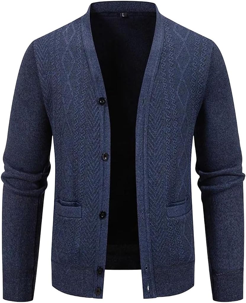 Men’s Knit Cardigan Casual Sweater V-Neck Long Sleeve Solid Color Soft Outwear