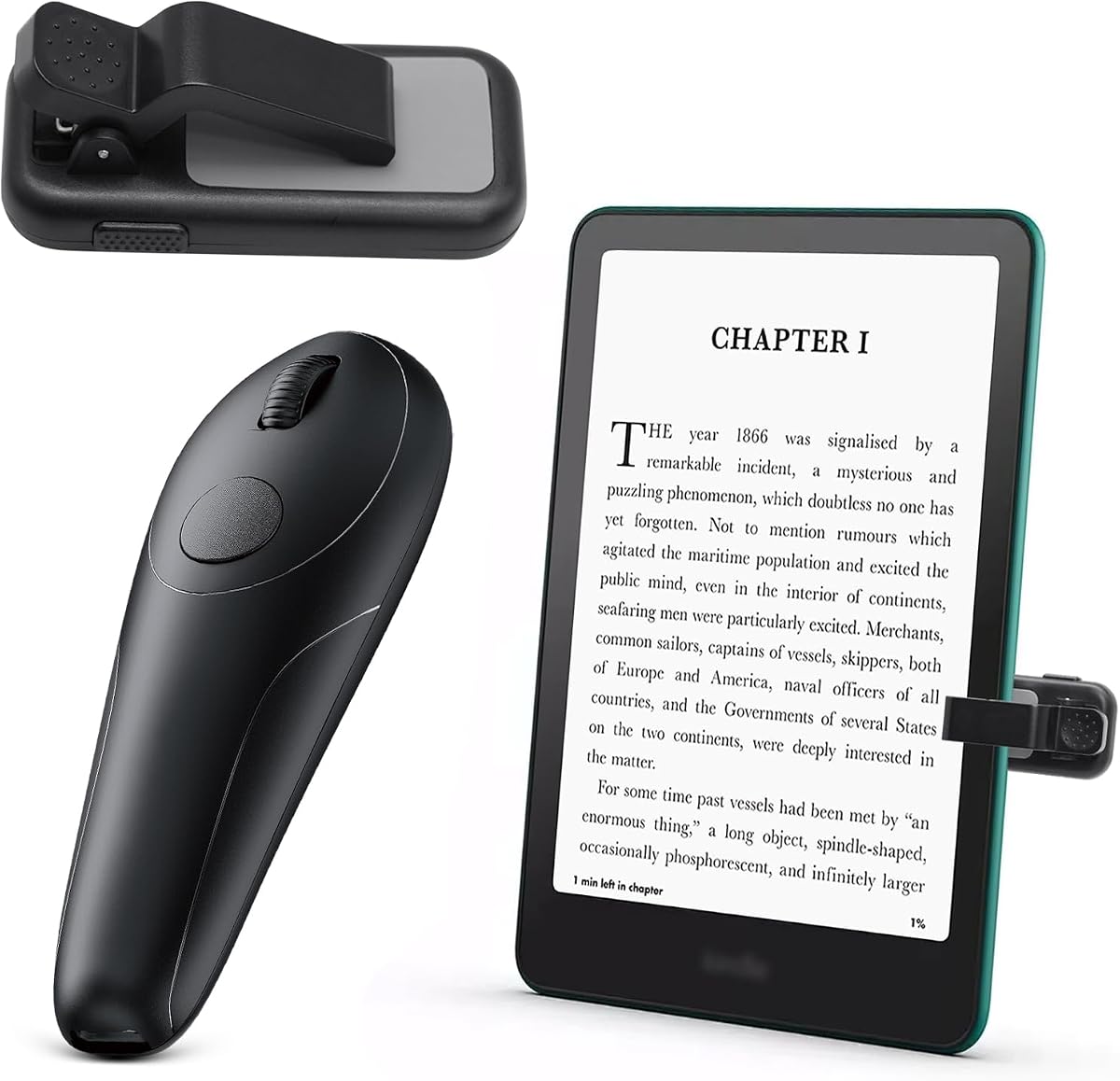 Kindle Page Turner Remote Control, Anti-Slip Finger Clicker for Reading in Bed, Case-Friendly 0.45inch Clip for Paperwhite Oasis Scribe iPad Kobo eReaders, 2-in-1 Camera Shutter Selfie Remote