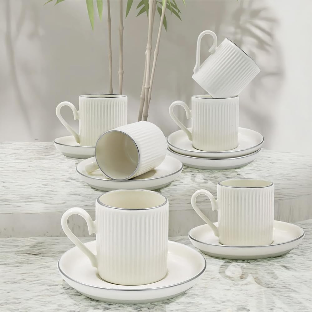 Juego de 12 tazas de café espresso de porcelana, 100 ml, diseño de rayas plateadas, para 6 personas, elegante set de regalo
