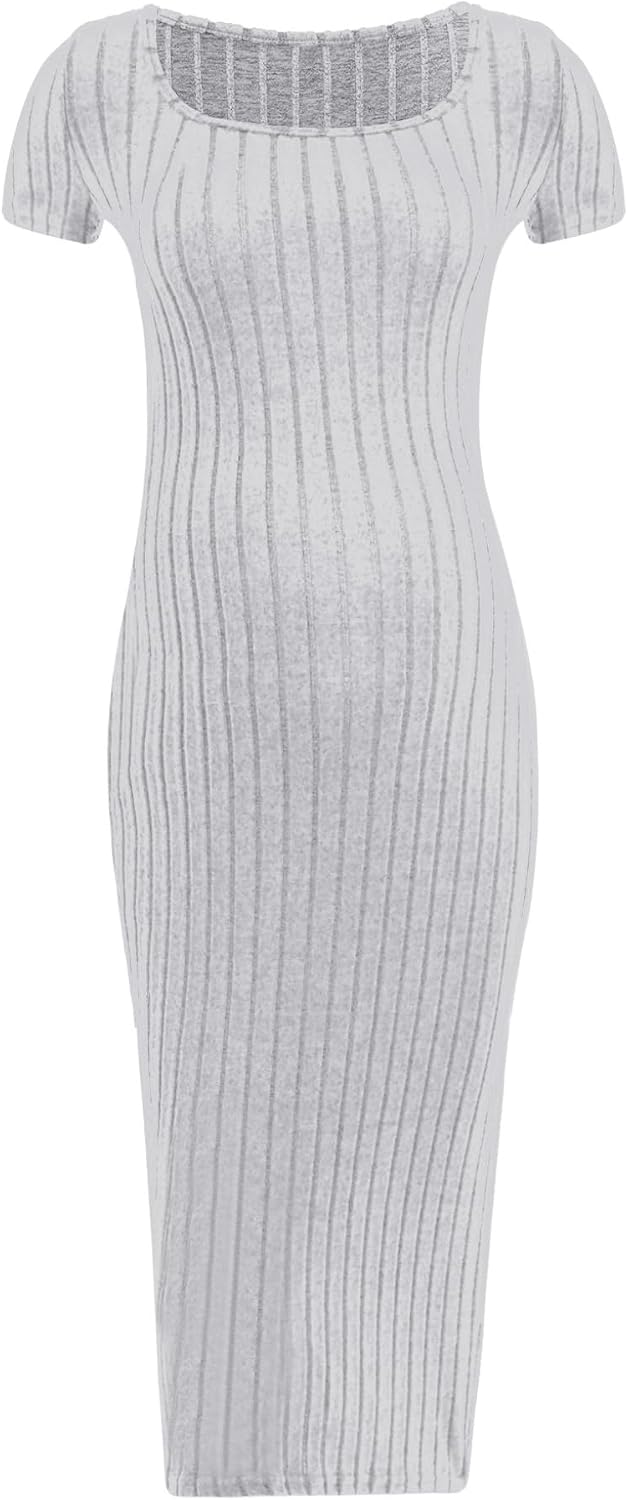 Womens Short Sleeve Knit Ribbed Split Maternity Bodycon Dress for Baby Shower