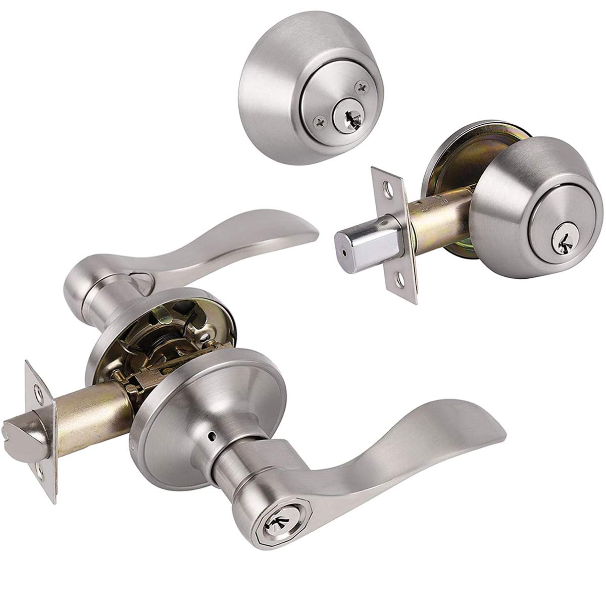home improvement direct Keyed Alike Entry Door Lock Set, Double Cylinder Deadbolt with Wave Style Lever Door Handle, Satin Nickel Reversible Leverset for Bedroom, Front & Exterior Doors 5 Pack