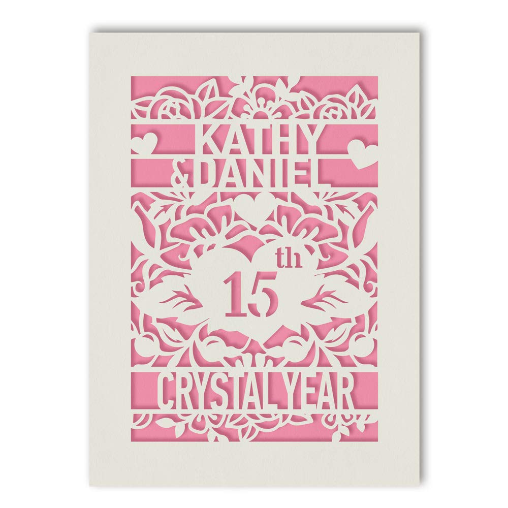 EDSG Personalised Anniversary Card | Laser Paper Cut Greeting Cards with Envelopes and Customized Names and Year | Custom Gift and Handmade in UK（Pink）