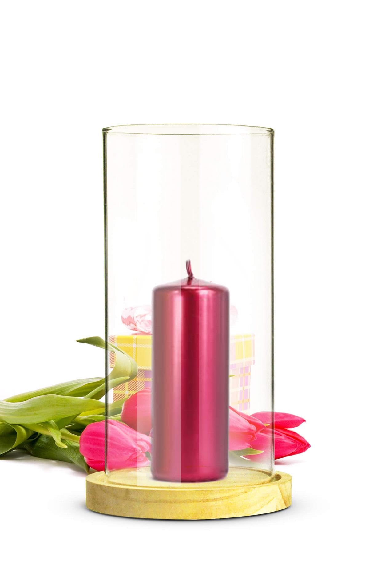 Sendez Set di 2 portacandele in vetro con piatto in legno, elegante portacandele e decorazione da tavolo, moderno portacandele in vetro borosilicato, vetro decorativo per candele a colonna (altezza
