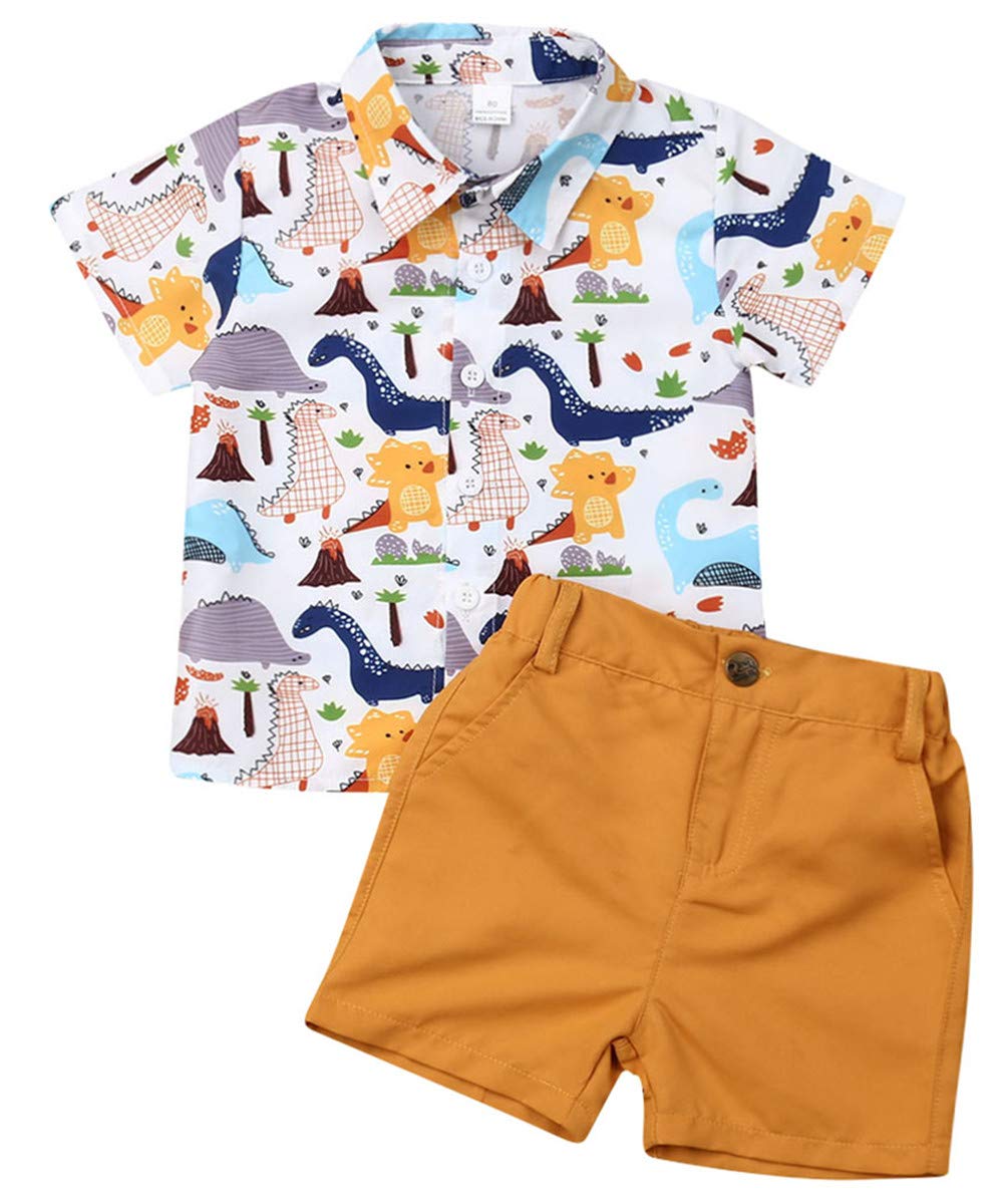 Toddler Little Boy Kids Summer Floral Shirt Bermuda Shorts Outfit Set Clothes (Dinosaur Blouse + Ginger Yellow Shorts Set, 1-2T)