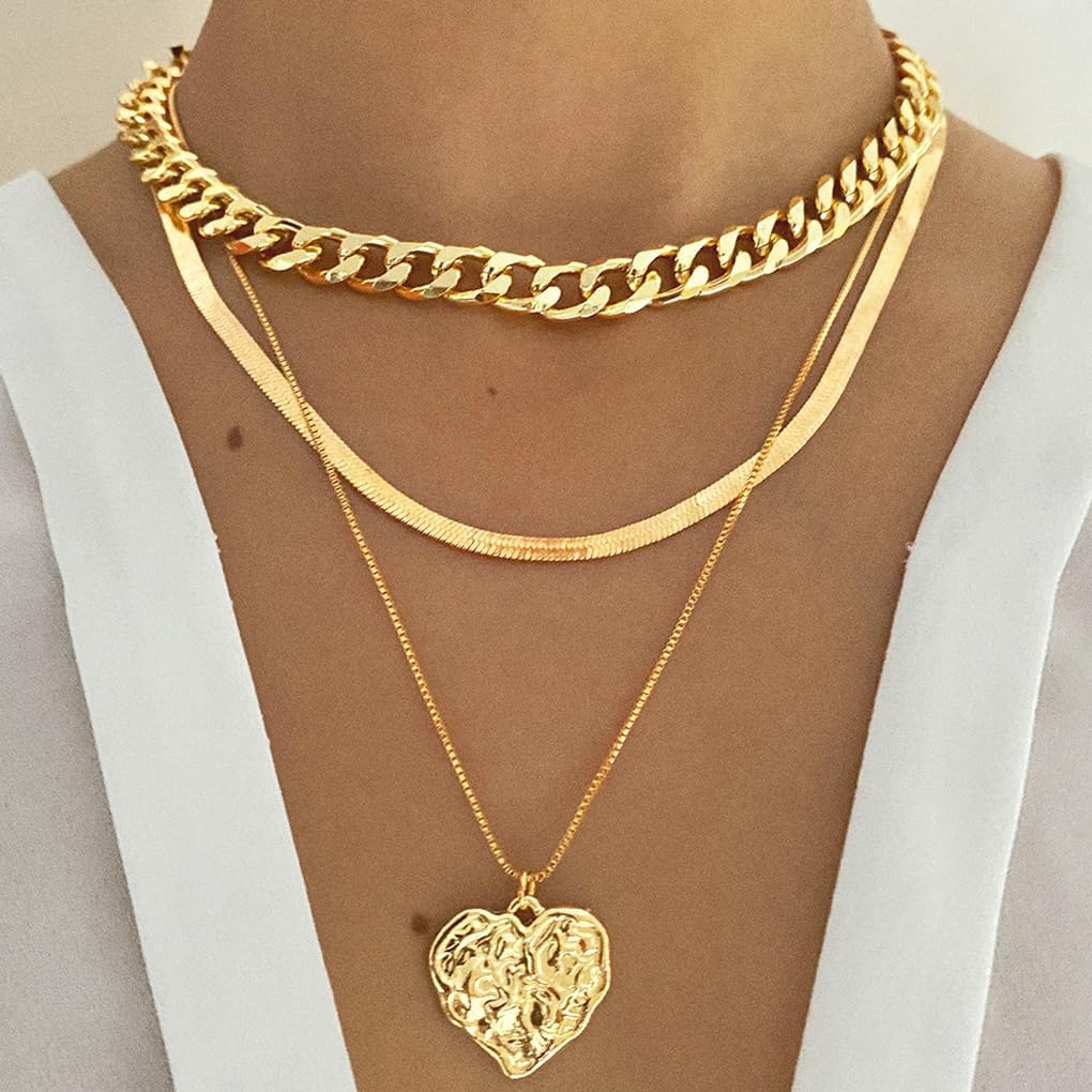 Chunky Gold Heart Pendant Necklaces Set for Women Layered Cuban Link Chain Choker Necklaces Adjustable Snake Bone Chain Necklace Jewelry Accessories - Image 2