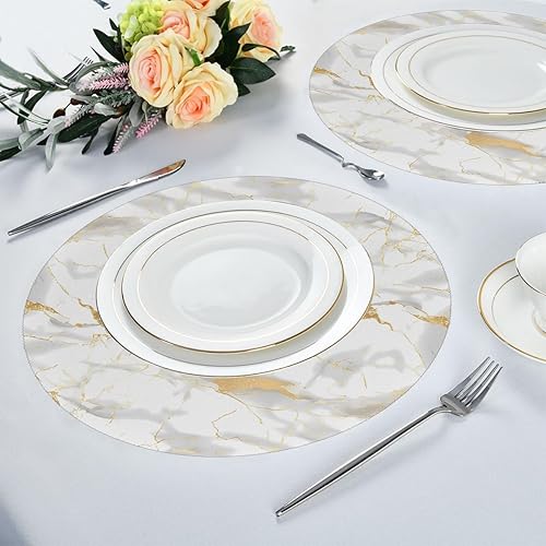 Miniatura 4 de Round Placemats Set of 6, White Marble Print Gold Texture Heat Resistant Washable Place Mats Table Mat for Kitchen Dining Party