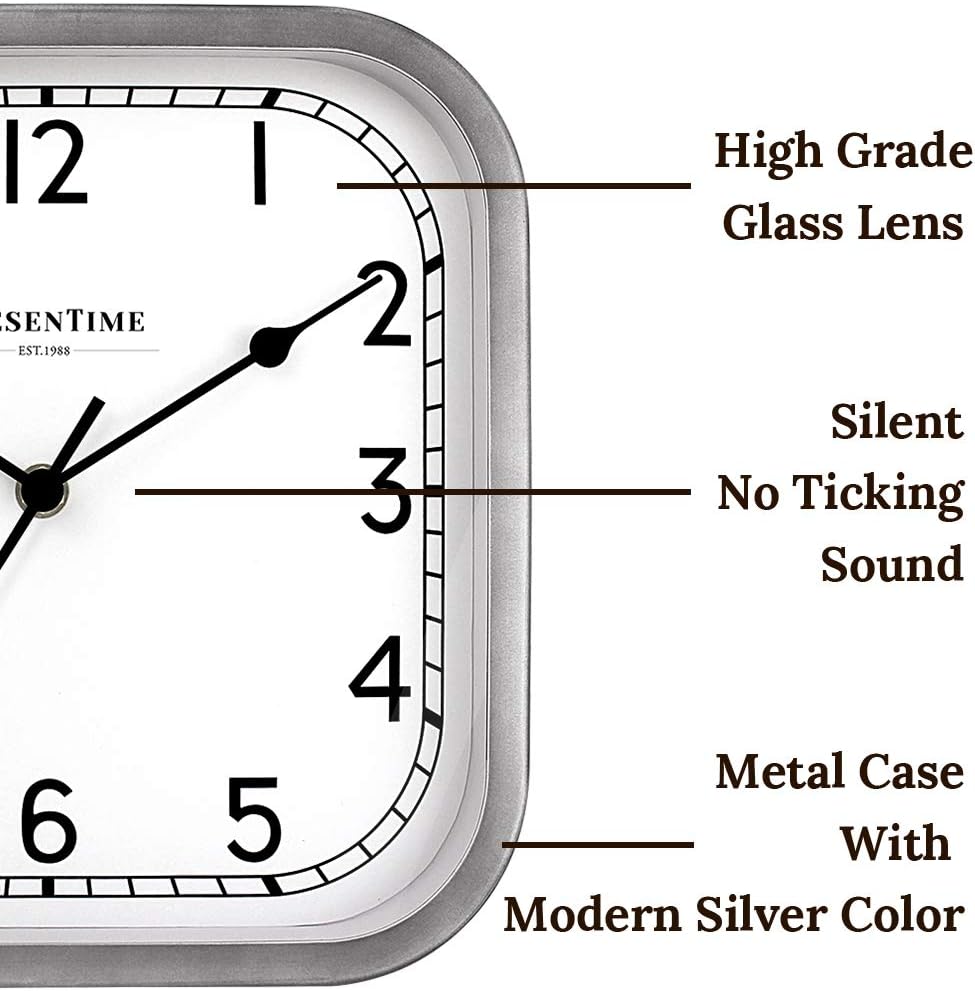 PresenTime & Co 10" Anton Modern Square Clock, Silent No Ticking, Steel Gray Silver