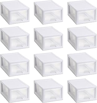 Multipurpose Stackable Small Drawer Tote Containers with Reliable White Frame for Home or Office Organization, Clear (12 Pack)