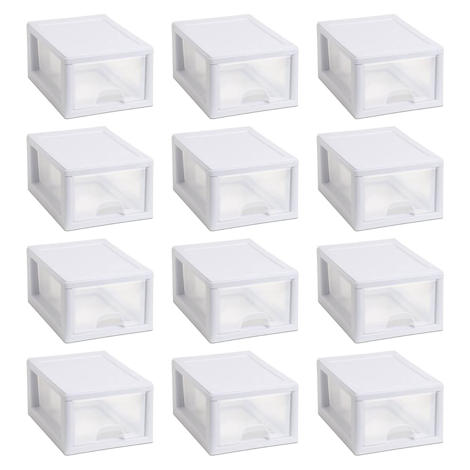 SteriliteMultipurpose Stackable Small Drawer Tote Containers with Reliable White Frame for Home or Office Organization, Clear (12 Pack)