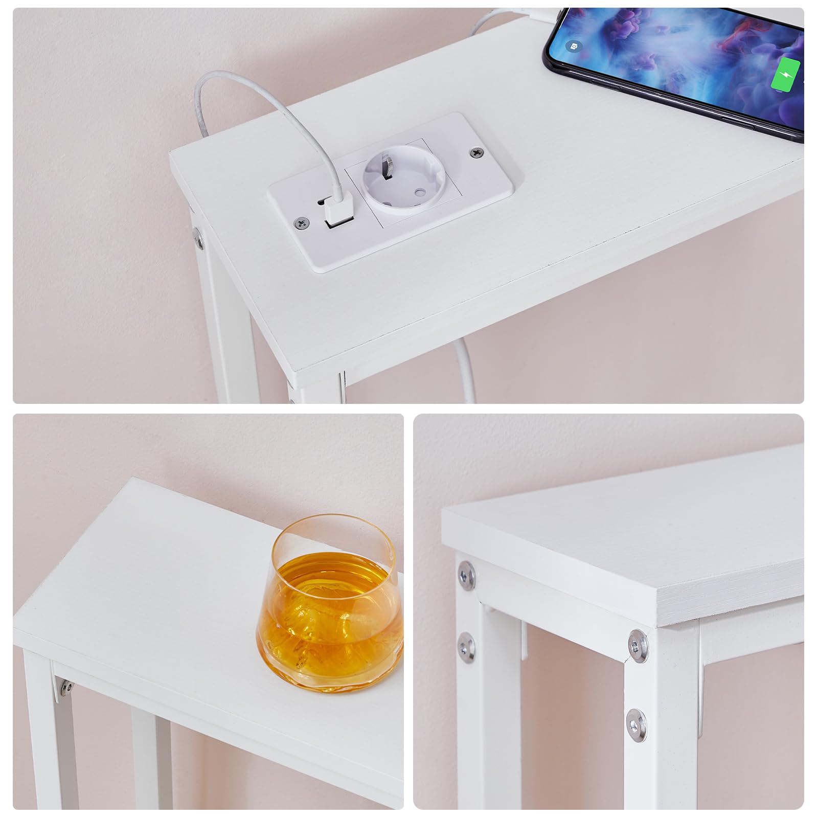 HOOBRO Konsolentisch mit Steckdosenleiste und USB-Anschlüssen, schmaler Konsolentisch mit Ladestation, Beistelltisch, Tisch hinter dem Sofa, für Foyers, Flure, Weiß EWW15CXG01G1