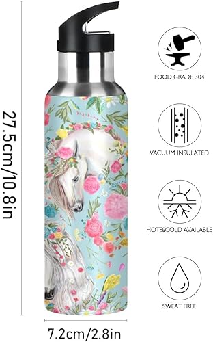 Vista 14 de Flower Horse - Botella de agua de acero inoxidable con aislamiento al vacío, botella de boca estándar con asa ancha Sirena,Horse 1,Horse