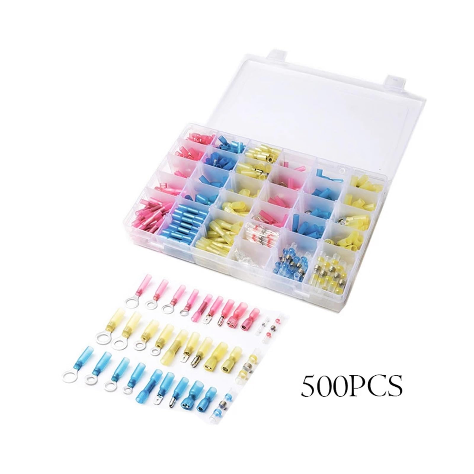 Schrumpfverbinder, Crimpklemmen, Löthülse, elektrisch, isoliert, Schrumpfschlauch, Set mit Box, 500 Stück