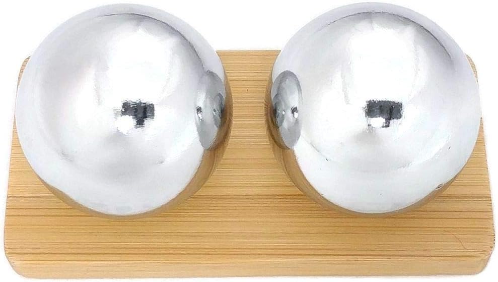 Top Chi Chrome Baoding Balls with Bamboo Stand. Chiming Chinese Health Balls for Hand Therapy, Exercise, and Stress Relief (Medium 1.5 Inch)