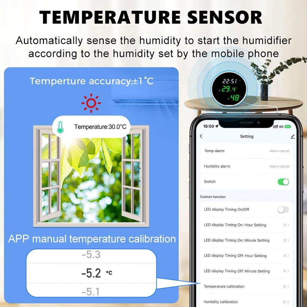 Temperatursensor, für Tuya LED-Temperatursensor mit WLAN-Konnektivität, Alarm für hohe Temperatur/Luftfeuchtigkeit und niedrige Temperatur/Luftfeuchtigkeit