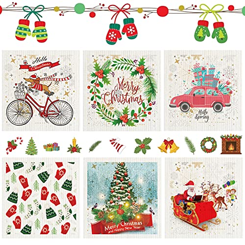 Ioffersuper 6Pcs Christmas Swedish Dishcloths Printed Xmas Tree Santa Claus Dish Towel ECO Friendly Reusable Absorbent Cleaning Cloth for Christmas Home Kitchen Bar Cleaning Supplies