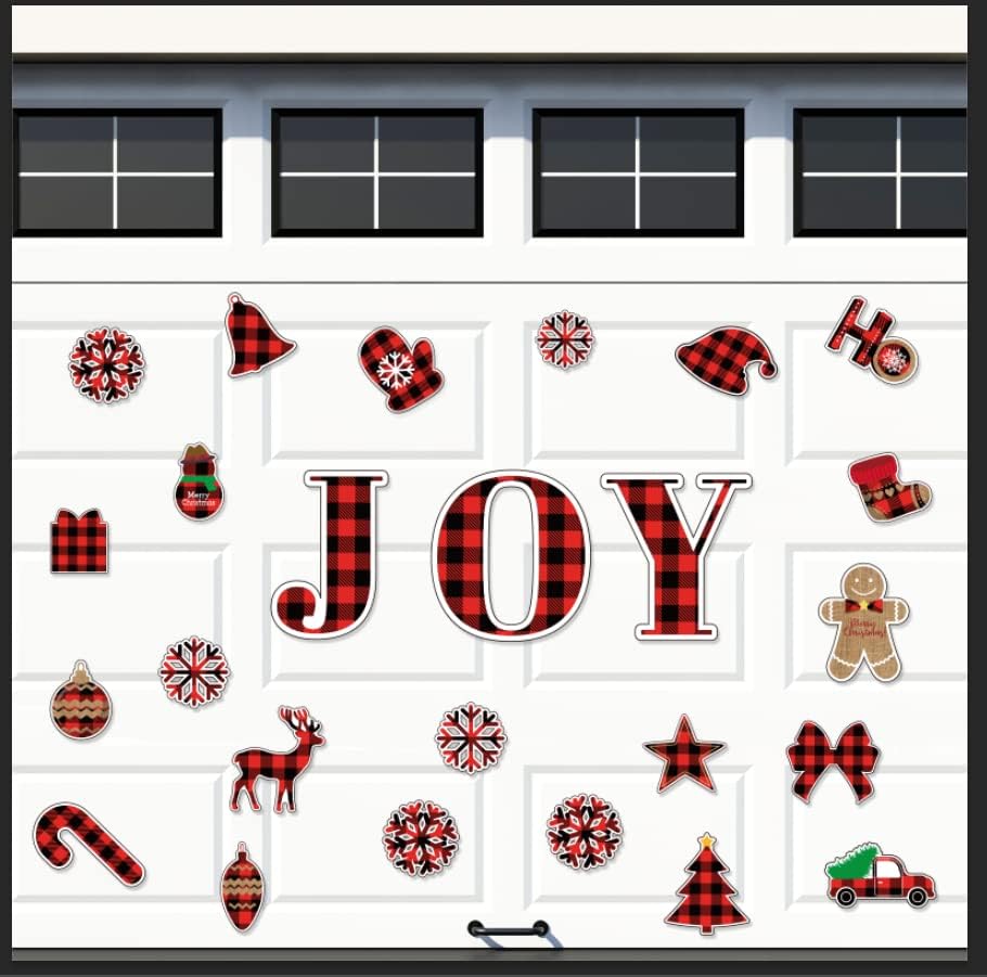 30 calcomanías magnéticas de Navidad para puerta de garaje, color negro y blanco, decoración de puerta de garaje con camión, árbol, gnomo, muñeco de
