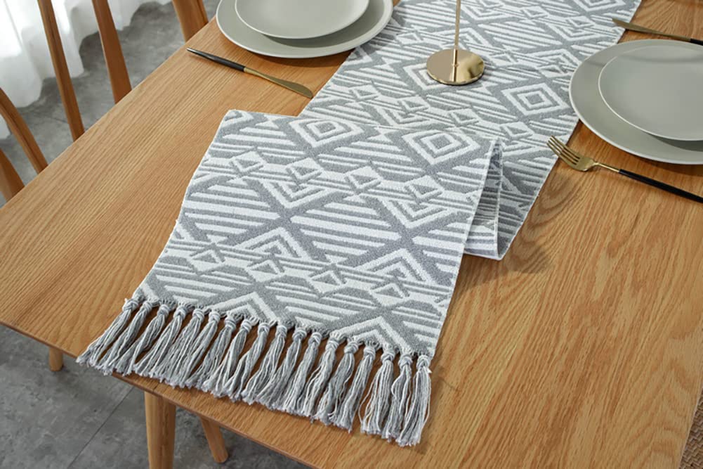 Cozomiz Runner da Tavola Moderno con Nappa in Lino Cotone Banda Ricamo Elegante Motivo Tavolo Band per Partito di Pranzo Decorazione 32x220cm Blu