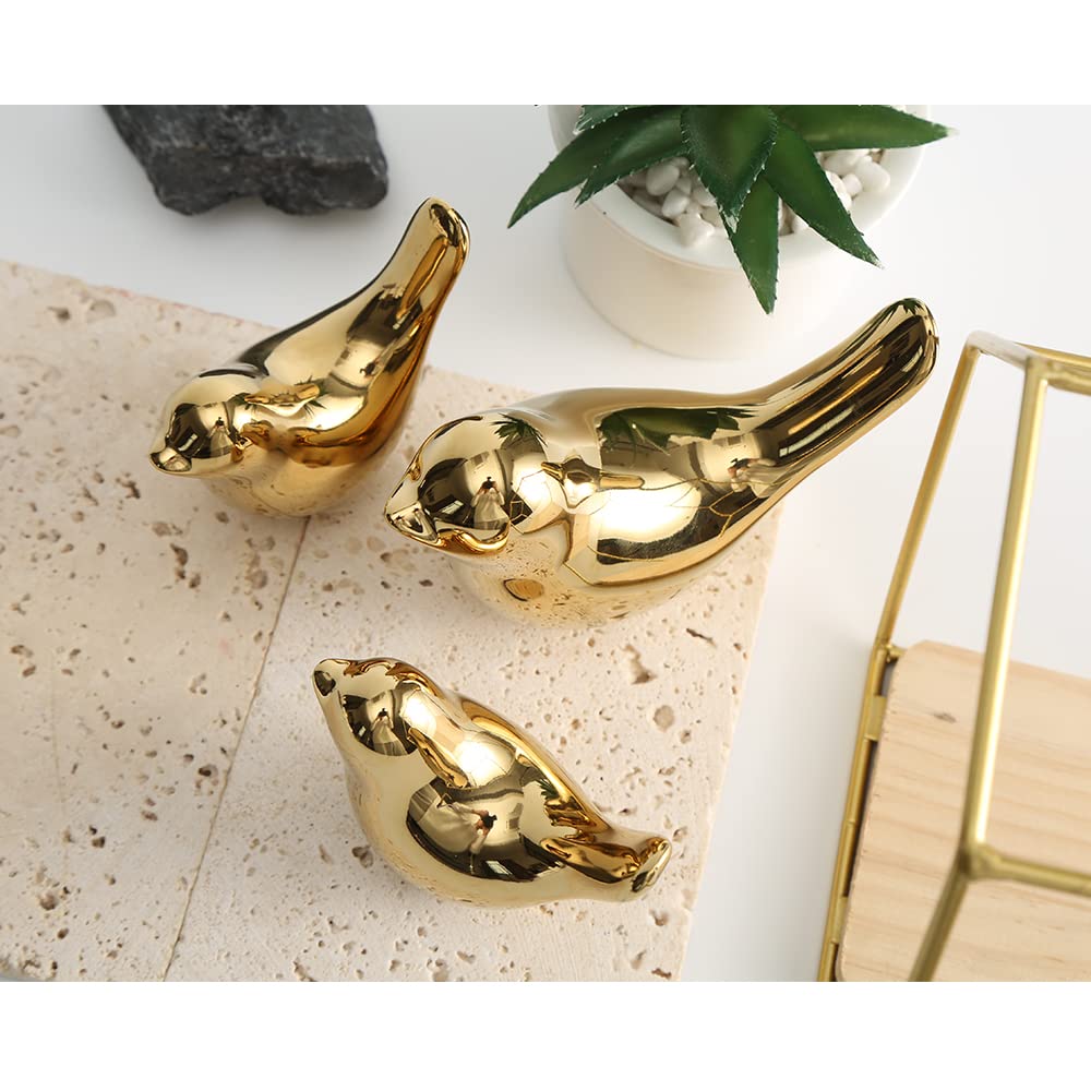 Golden Ceramic Bird Figurines - Set Of 2 Decorative Birds For Home & Garden Decor