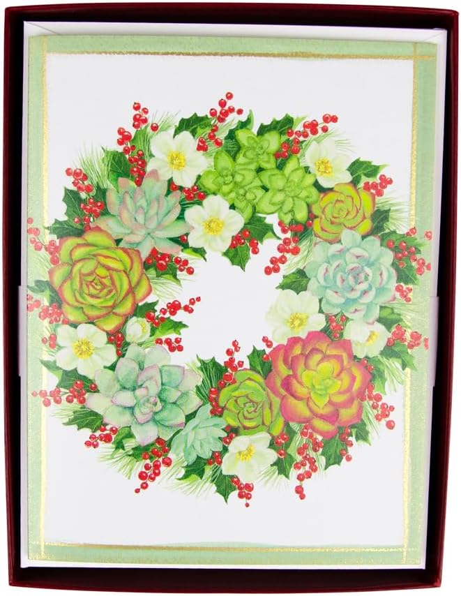 Caspari Succulent Wreath with Berries Boxed Christmas Cards - 32 Cards & Envelopes