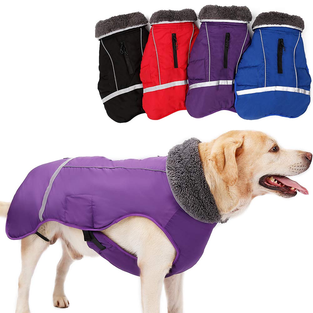 PJDDP Dog Jacket Dog Winter Coat Warm Reflective Dog Clothes with Harness/Leash Hole, Windproof Cozy Dog Vest Dog Apparel with Thick Fleece Lining for Cold Snow Weather for Hiking Outdoor,Purple,XXXL
