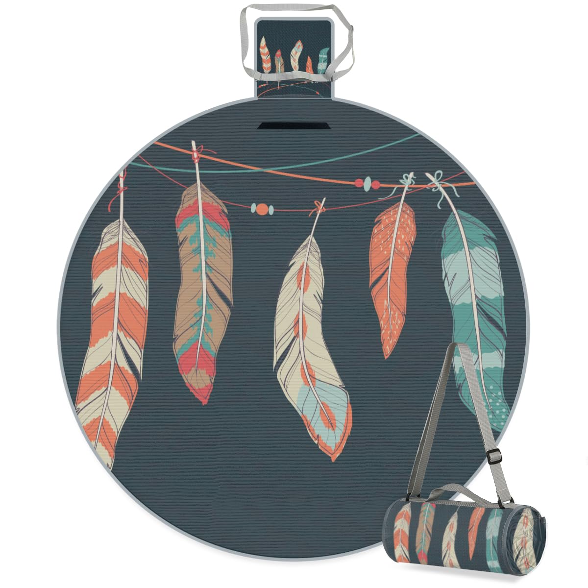 Shimoshe Indian Ethnic Feathers Picnic Outdoor Blanket Foldable Waterproof Sandproof Beach Blanket Portable Water-Resistant Round Picnic Mat for Travel Camping Park Lawn