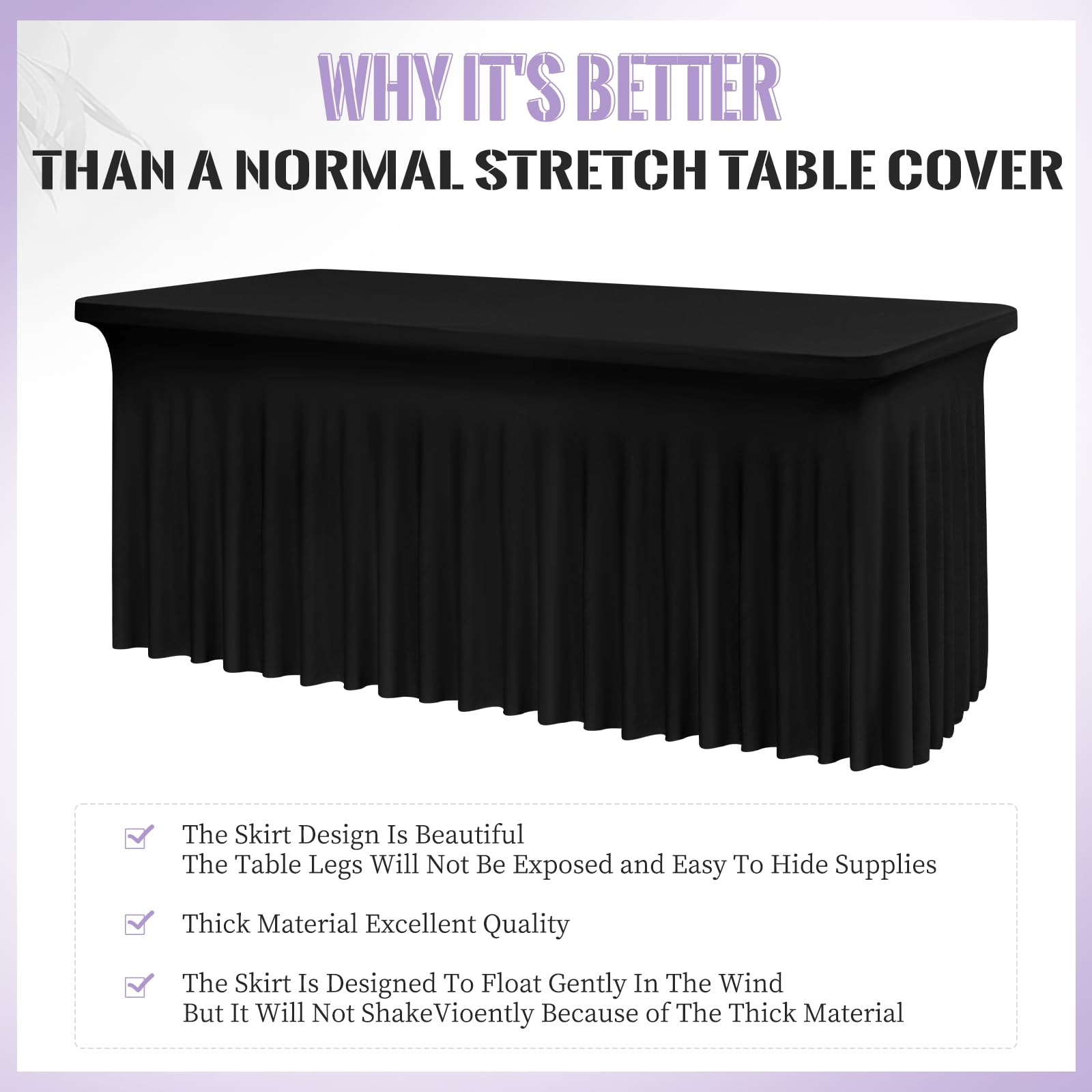 Lot de 2 jupes de table en élasthanne noir pour tables rectangulaires de 1,8 m, infroissables, nappe en élasthanne ajustée, nappe extensible avec jupe pour mariages banquets salons commerciaux fêtes
