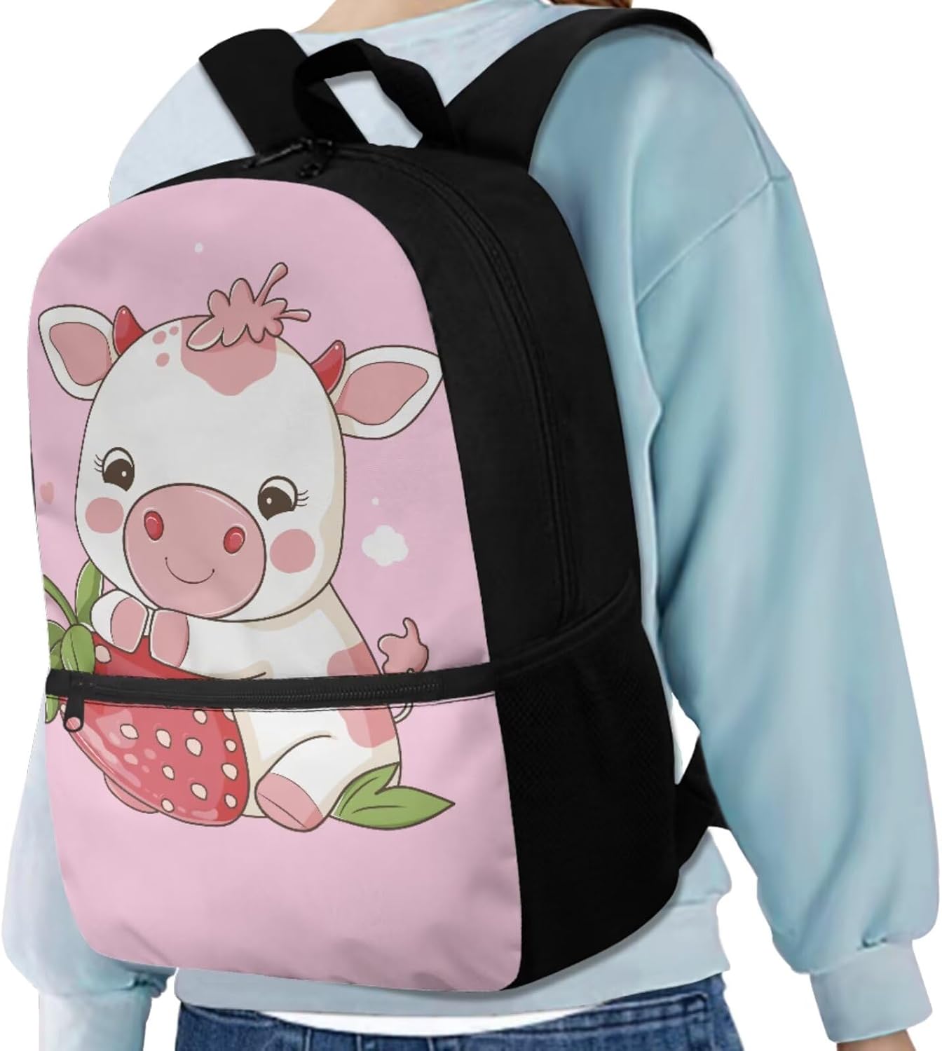 BIGCARJOB Cute Cow Children Lunch Bag with Bottle - Back to School Backpacks - Pencil Case Large Capacity Bookbags - Leather Bookmark with Pen Holder - 5 Piece School Bag Set for 4th Grade Student