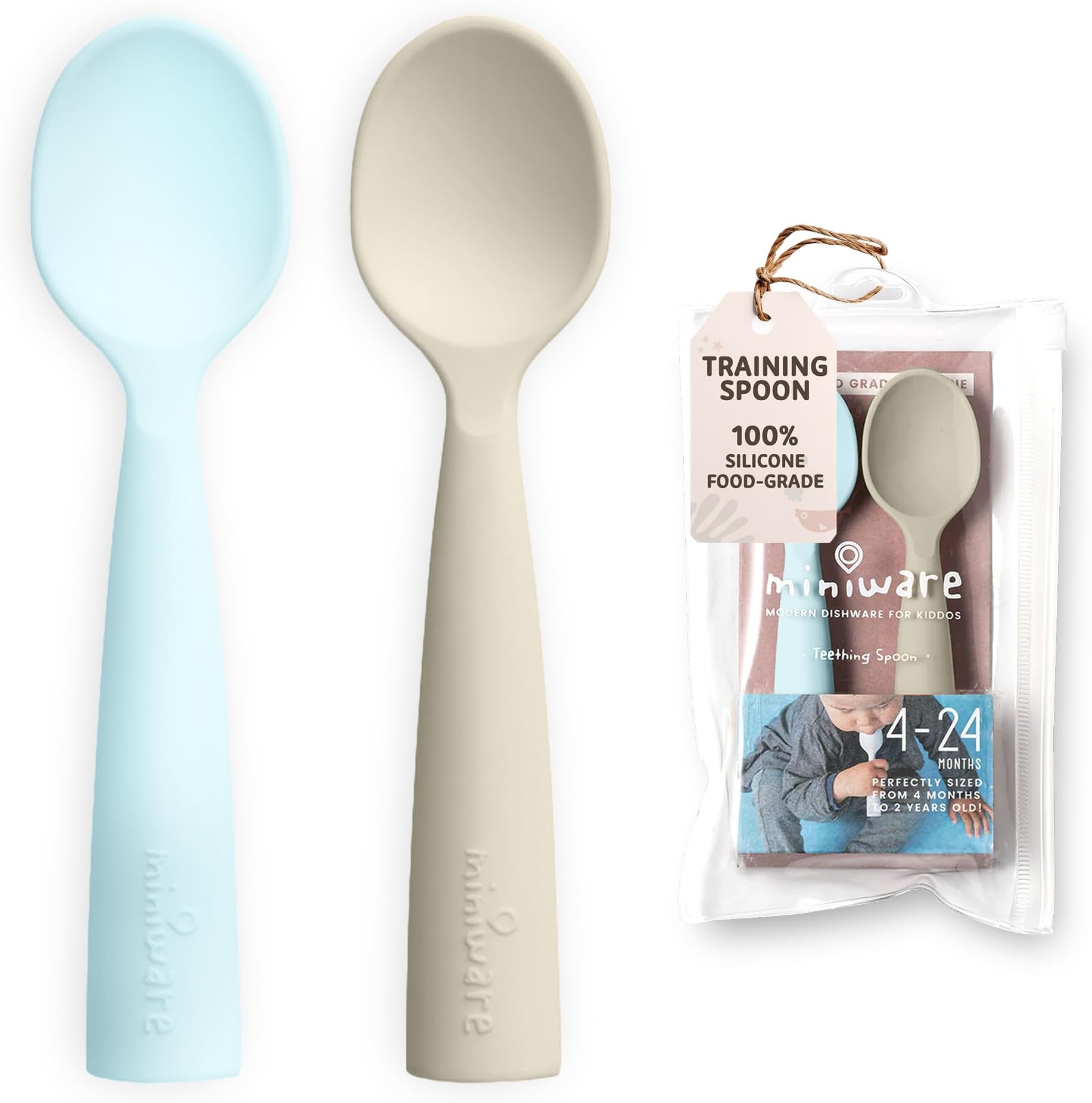 Miniware Silicone Baby Spoon for Training - BPA Free Baby Utensils - Baby Spoons Self Feeding 6 Months | 100% Food Grade Silicone - Modern & Dishwasher Safe Toddler | Dishwasher Safe (Aqua and Oat)