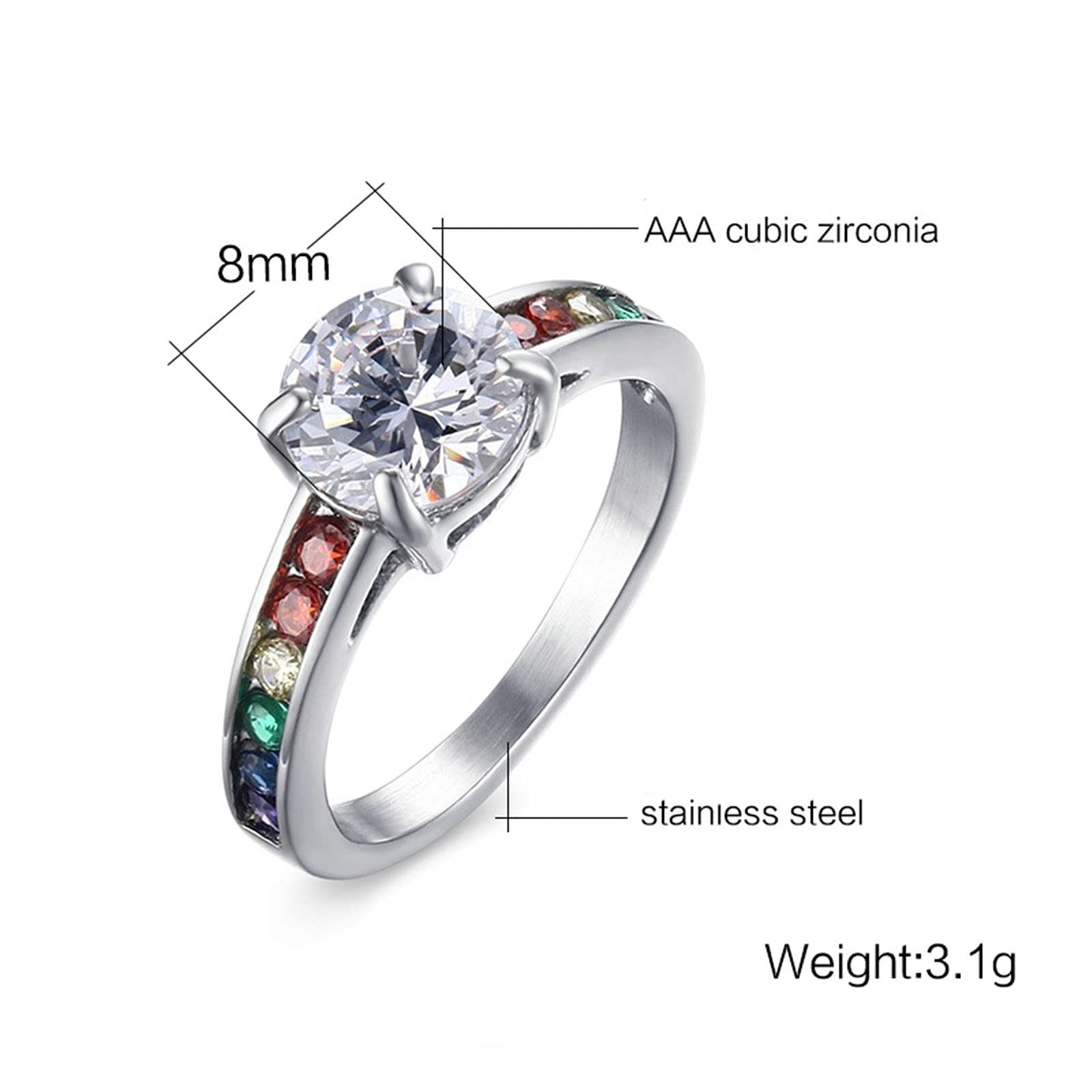 AmDxD Anillo de compromiso plateado, de acero inoxidable, anillo de compromiso para parejas, color de fantasía, circonia redonda y colorida, muy pulido, W51.5 & M54, Acero inoxidable, circonita
