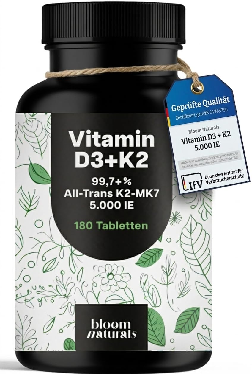 Vitamin D3 K2 5000 IE hochdosiert – 180 Tabletten – Premium 99,7+% All-Trans K2-MK7 – produziert in Deutschland Laborgeprüft - Verpackung kann variieren