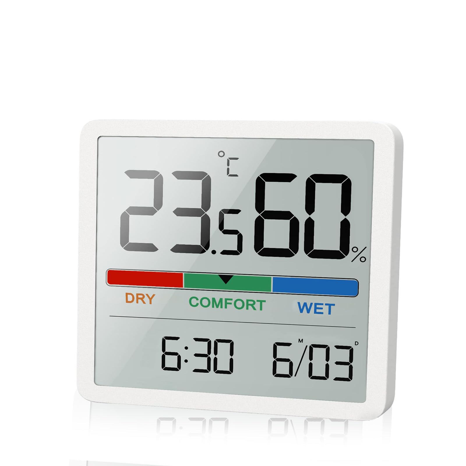 Digital Indoor Thermometer Hygrometer with Time & Date Display – High-Contrast LCD Room Temperature & Humidity Monitor, Magnetic/Wall/Stand, CR2032 Battery, for Home, Office & Reptile Tank