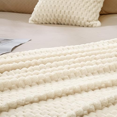 Miniatura 3 de Vessia Manta de franela de forro polar (50 x 71 pulgadas) con funda de almohada (18 x 18 pulgadas), manta jacquard 3D crema mullida para sofá, cama,