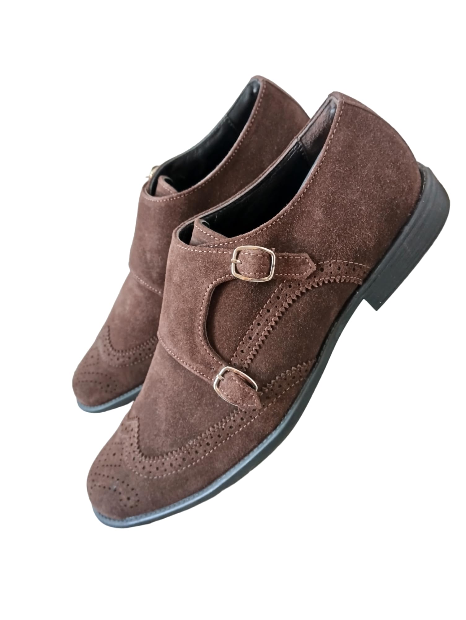Genuine Suede Leather Double Monk Strap Shoes for Men's - Handmade Formal Wingtip Brogue Slip on Shoes-image-29