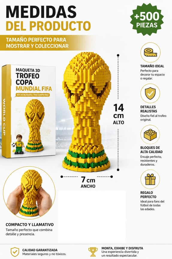 Trofeo Oficial de la Copa Mundial de la FIFA – Maqueta 3D Coleccionable con Minifigura, Kit Creativo Tipo Bloques Compatible, Regalo Ideal para Niños y Adultos Fans del Fútbol