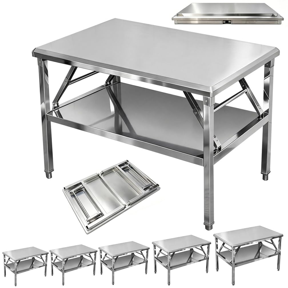 Tavolo da Preparazione in Acciaio Inossidabile - Tavoli da Cucina Pieghevoli Professionale con Ripiano Inferiore Regolabile, Banco da Lavoro Portatile per Ristoranti,Argento,L60*H50*W60
