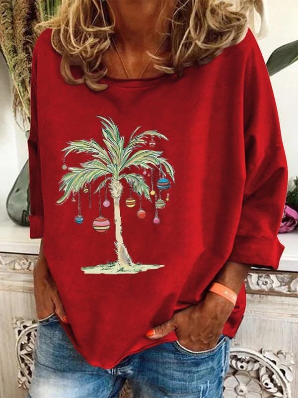 Christmas Palm Tree Shirt Pullover for Women Funny Merry Christmas Xmas Holiday Hawaiian Beach Long Sleeve Shirt Top - Image 2