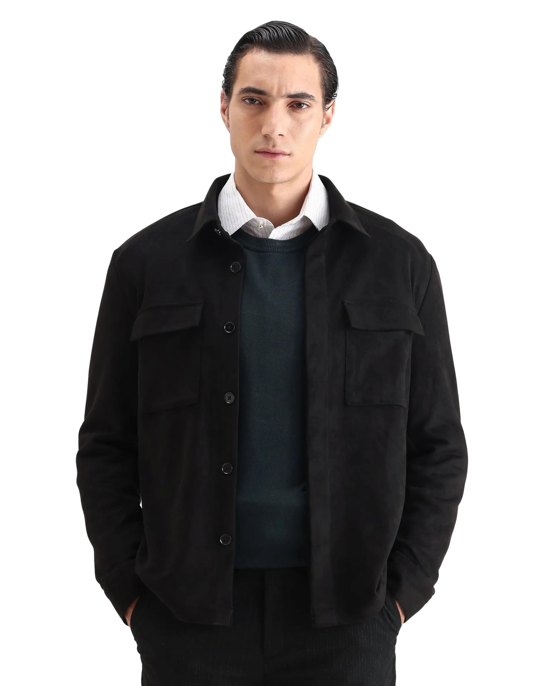 rare rabbit Men Relaxed Solid Grey Polyester Blend Button Front Shacket Jacket-picture-13