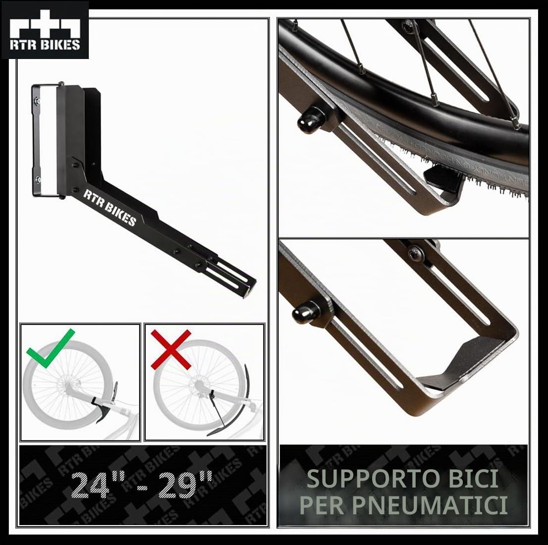 RTR BIKES Kranked Twist Gancio Bici Muro Girevole – Supporto Parete Verticale Ruotabile 180° – Per E-Bike e MTB fino a 30kg – Ruote 24-29" e Gomme 3,5" – Made in EU