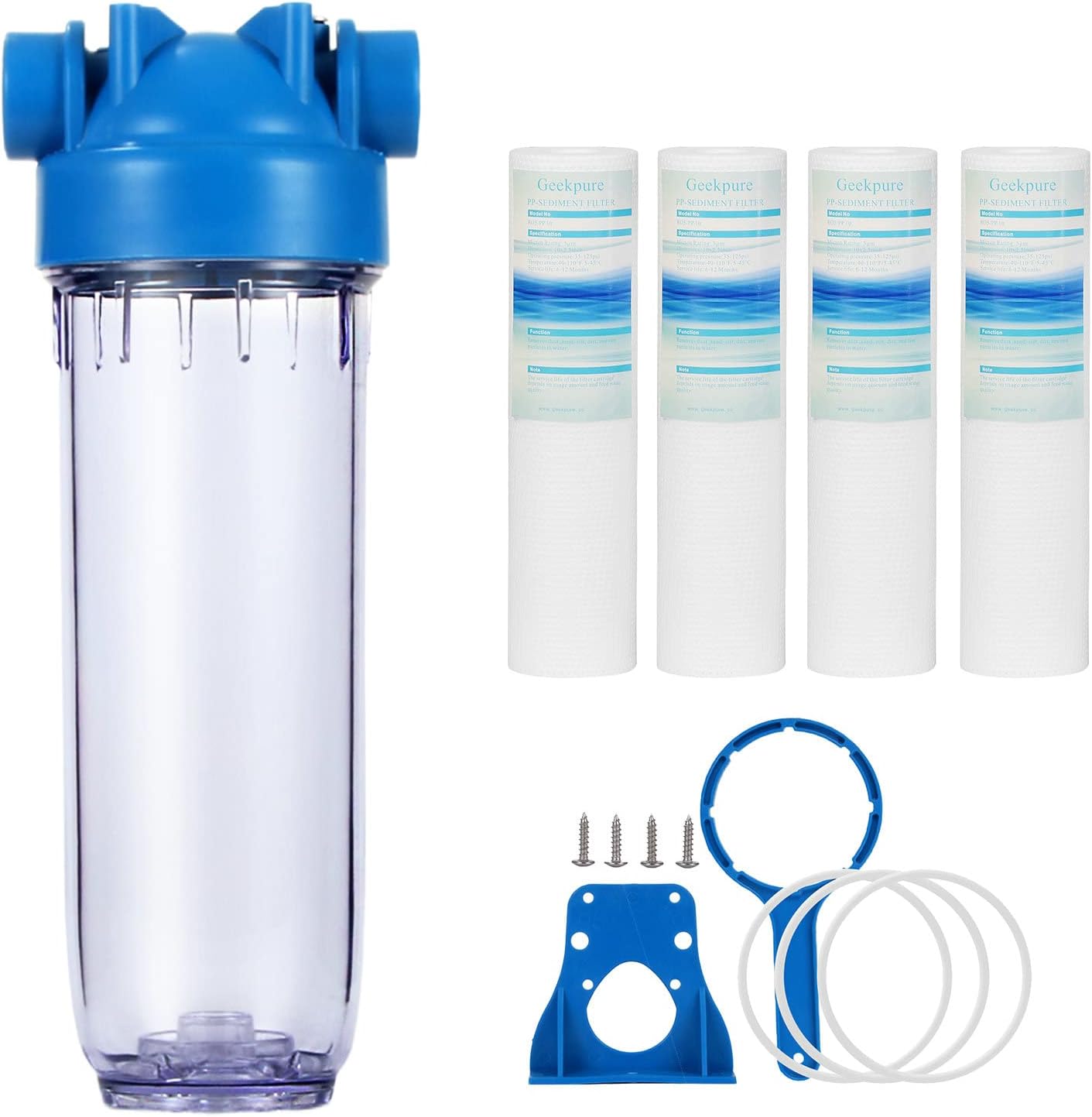Geekpure 10-Inch Whole House Water Filter with Clear Filter Housing - 3/4"NPT Brass Port and 4 x PP Sediment Filters