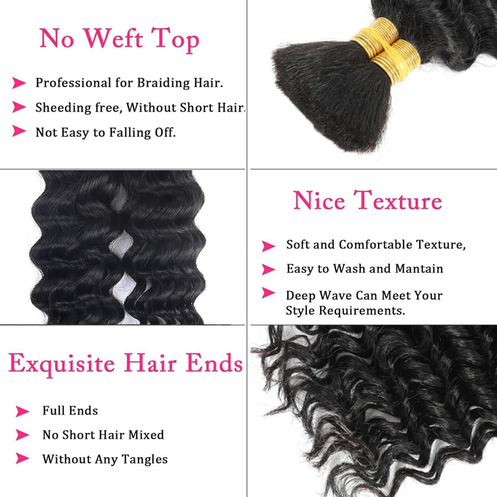 Human Braiding Hair for Boho Braids Human Hair 28 Inch No Weft Deep Wave Human Hair for Braiding 2 Bundles/Pack 100g Natural Black