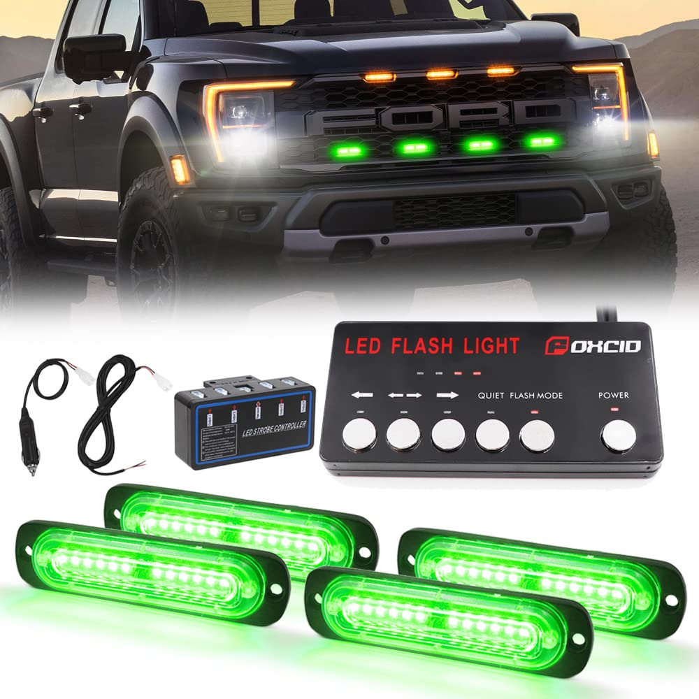 FOXCID 4 x LED Emergency Grille Surface Mount Strobe Light Ultra Slim Sync Feature Hazard Warning Flasing for Vehitcle (Green)