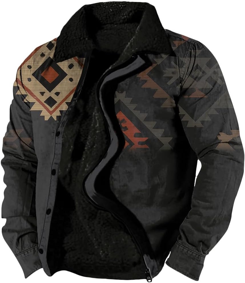 Mens Cowboy Lapel Jackets Winter Warm Sherpa Zipper Western Aztec Jacket for Men Ethnic Vintage Fleece Outwear Coats