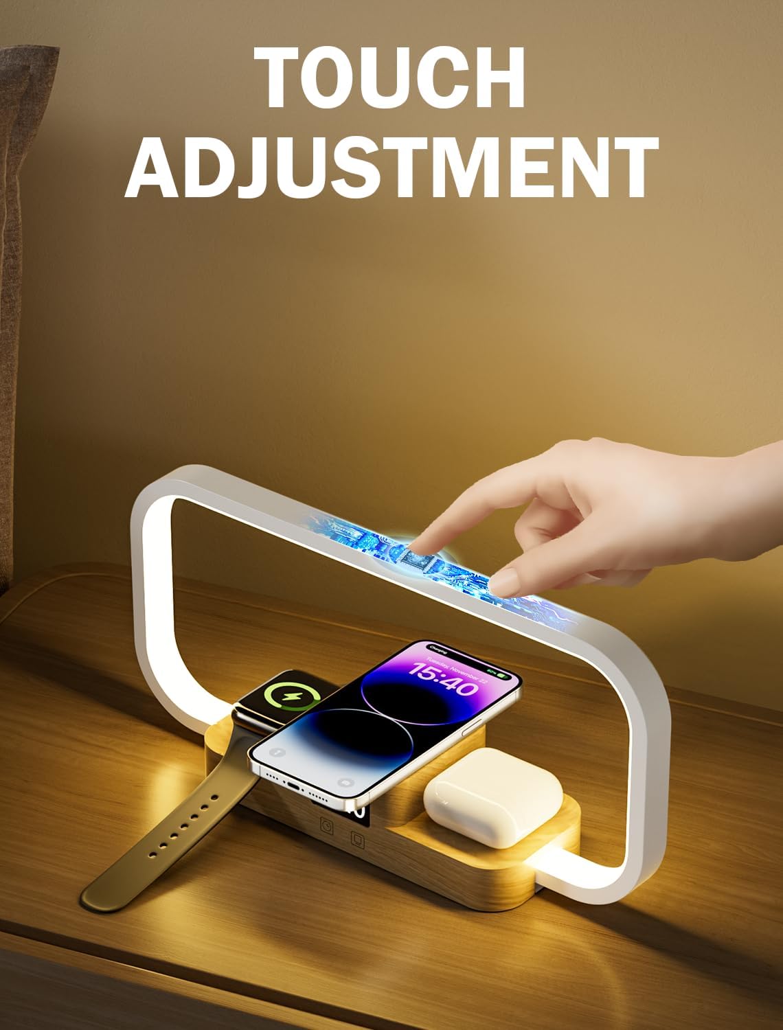LED Bedside Lamp with Wireless Charger, 3 in 1 Touch Control Bedside Lamp, 5 Color Mode & Dimmable, Desk Lamps with Clock for Nightstand, Table Night Lamp for Bedroom, Gifts for Women, Men, Friends